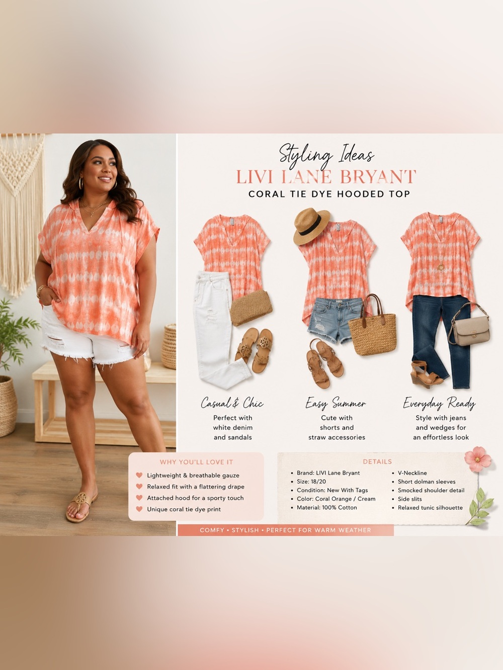 LIVI Lane Bryant Coral Tie Dye Gauze Hooded Top Plus 18/20 NWT